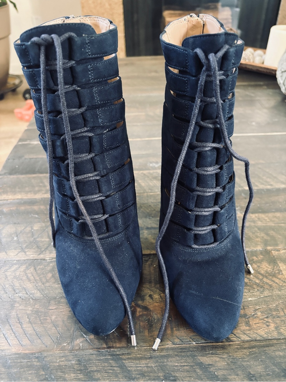 BCBGeneration Navy Suede Lace-Up Caged Ankle Boots worn one time
